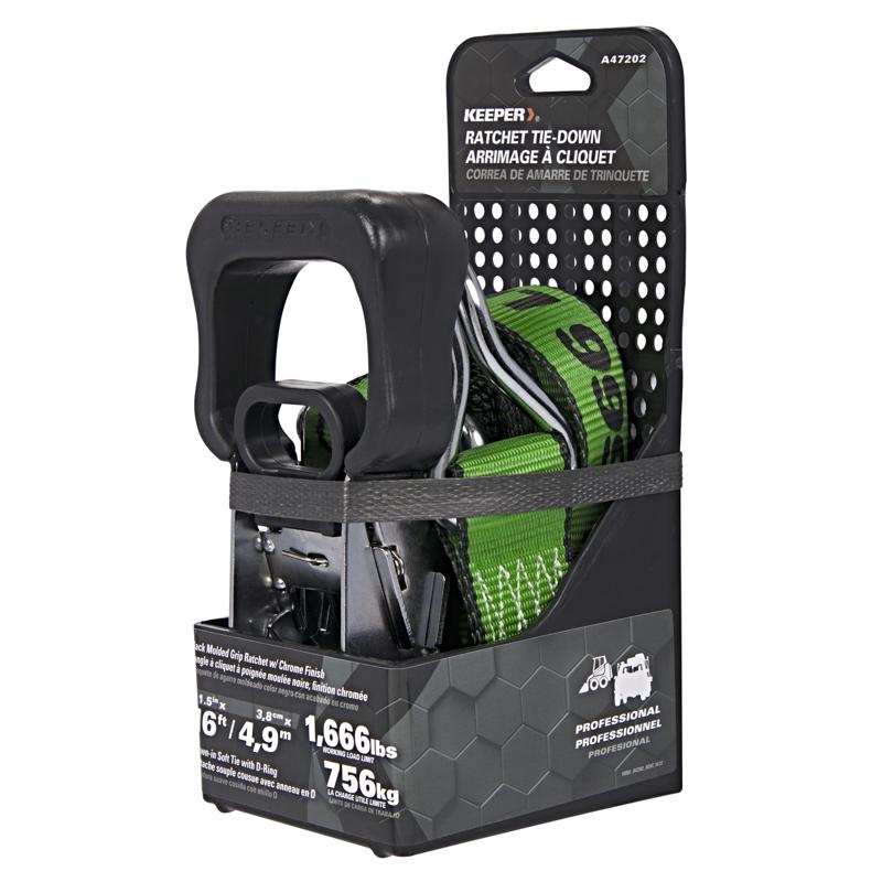 Keeper 1.5 in. W X 16 ft. L Green Ratchet Tie Down Strap 1666 lb