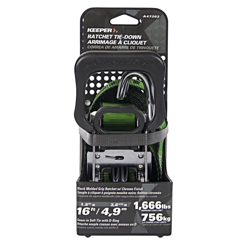 Keeper 1.5 in. W X 16 ft. L Green Ratchet Tie Down Strap 1666 lb
