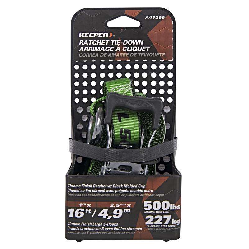 Keeper 1 in. W X 16 ft. L Green Ratchet Tie Down Strap 500 lb