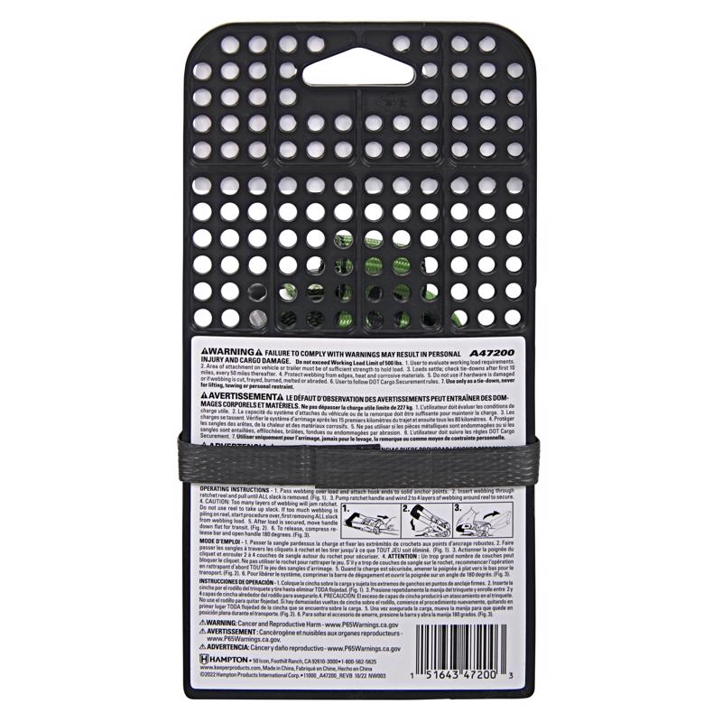 Keeper 1 in. W X 16 ft. L Green Ratchet Tie Down Strap 500 lb