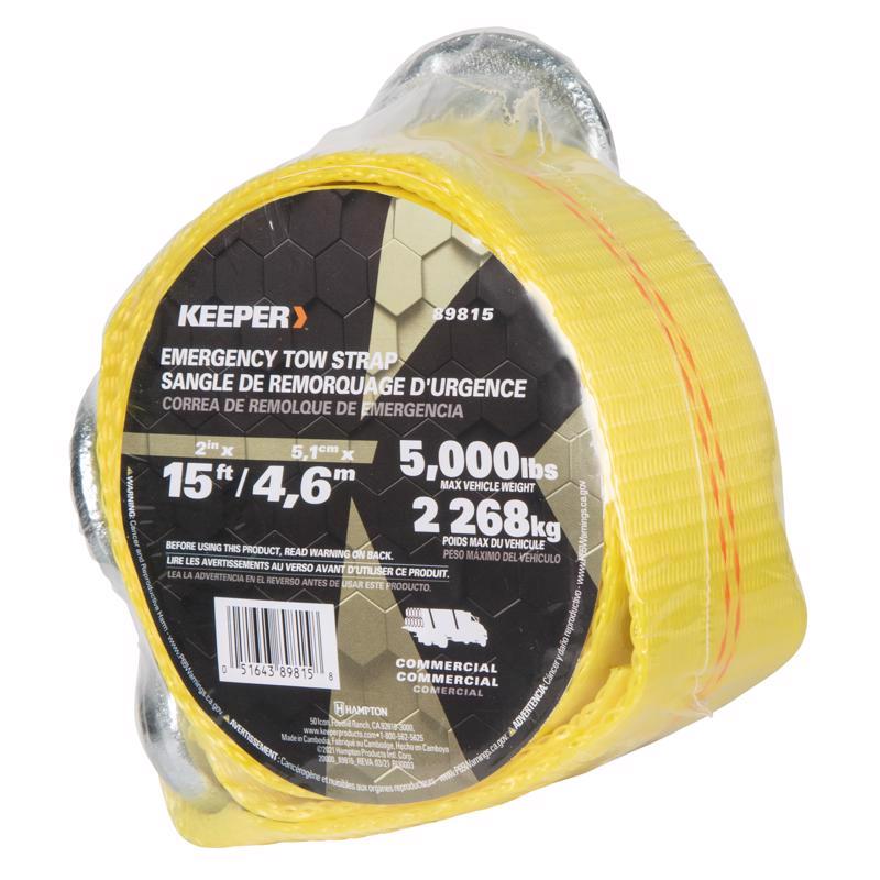 Keeper 2 in. W X 15 ft. L Yellow Tow Strap 5000 lb