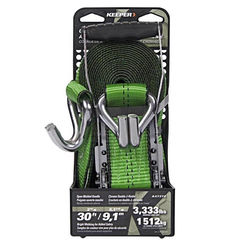 Keeper 2 in. W X 30 ft. L Green Ratchet Tie Down Strap 3333 lb