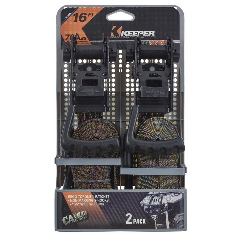 Keeper Ergo-Torque 1.25 in. W X 16 ft. L Camo Tie Down w/Ratchet 700 lb 2 pk