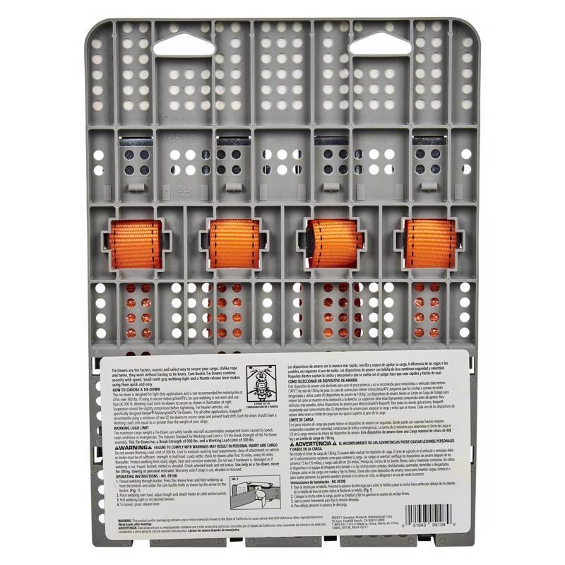 Keeper 1 in. W X 10 ft. L Orange Tie Down Strap 300 lb 4 pk