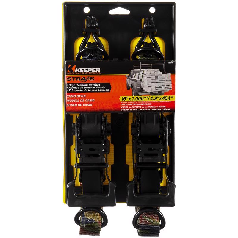 Keeper 1.25 in. W X 16 ft. L Camo Tie Down w/Ratchet 1000 lb 2 pk