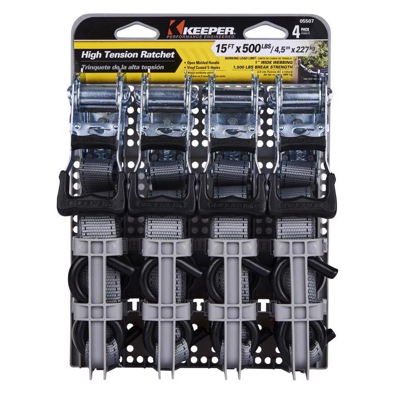 Keeper 1 in. W X 15 ft. L Gray Ratchet Tie Down Strap 500 lb 4 pk