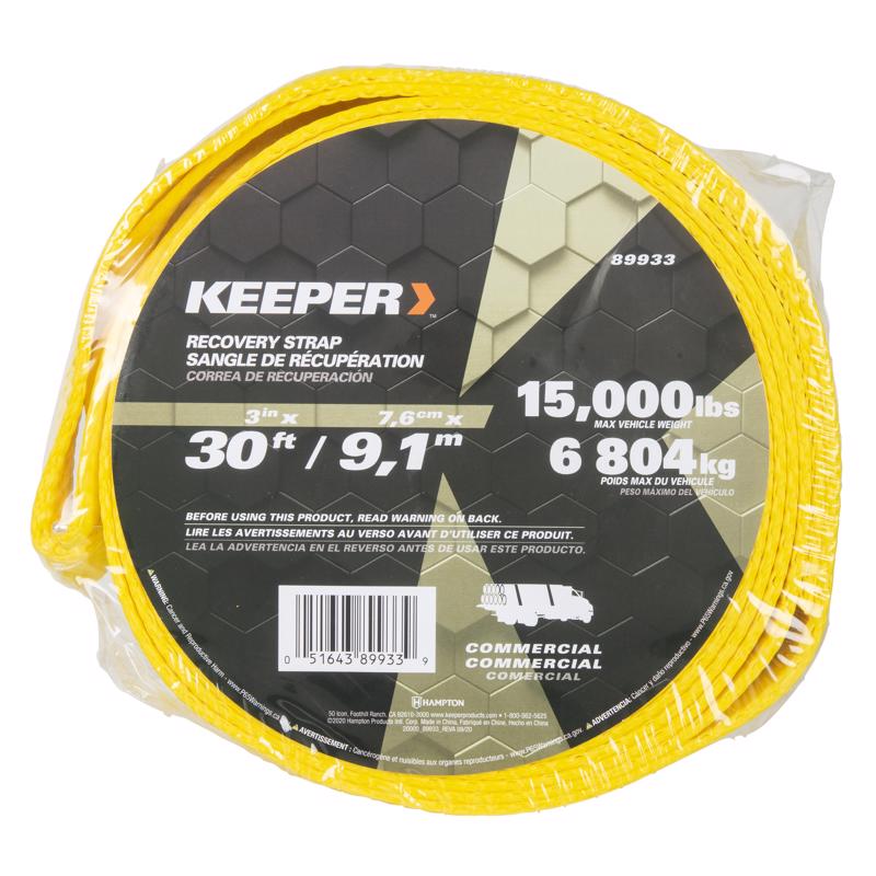 Keeper 3 in. W X 30 ft. L Yellow Vehicle Recovery Strap 15000 lb