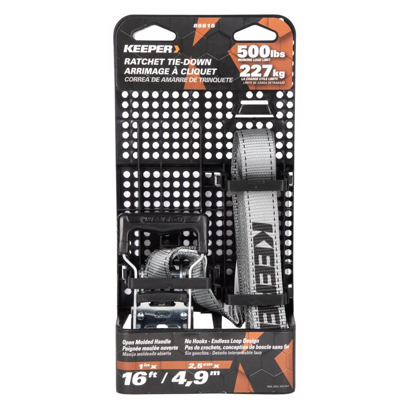 Keeper 1 in. W X 16 ft. L Gray Tie Down w/Ratchet 500 lb