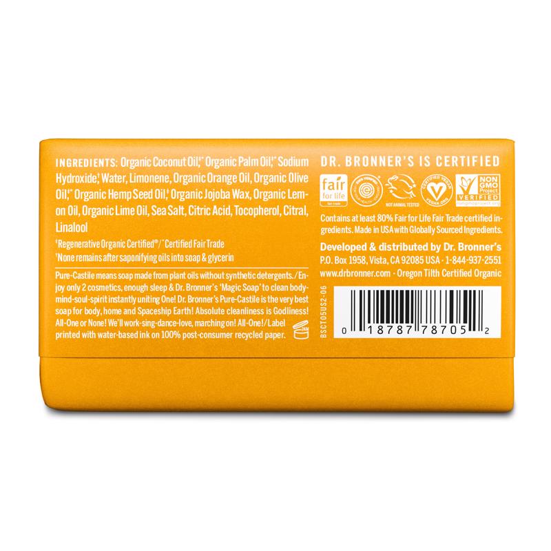 Dr. Bronner's Organic Orange Citrus Scent Pure-Castile Bar Soap 5 oz