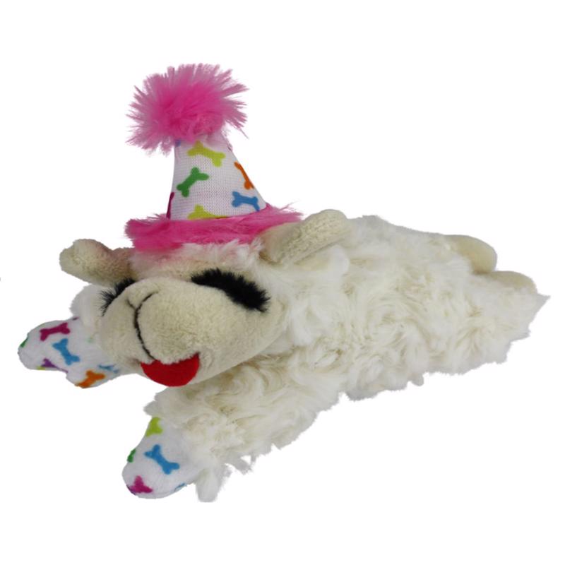 Multipet Assorted Polyester Lamb Chop W/Birthday Hat Dog Toy 10.5
