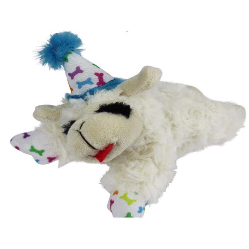 Multipet Assorted Polyester Lamb Chop W/Birthday Hat Dog Toy 10.5
