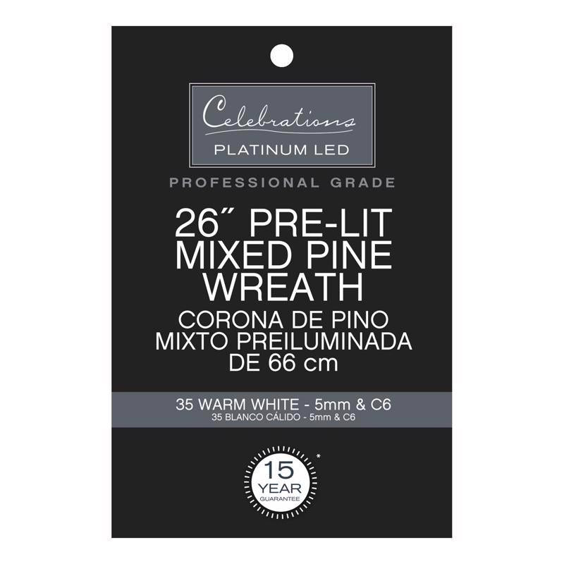 Celebrations Platinum 26 in. D LED Prelit Warm White Mixed Pine Wreath