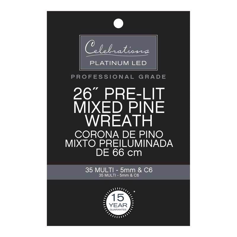 Celebrations Platinum 26 in. D LED Prelit Multicolored Mixed Pine Wreath