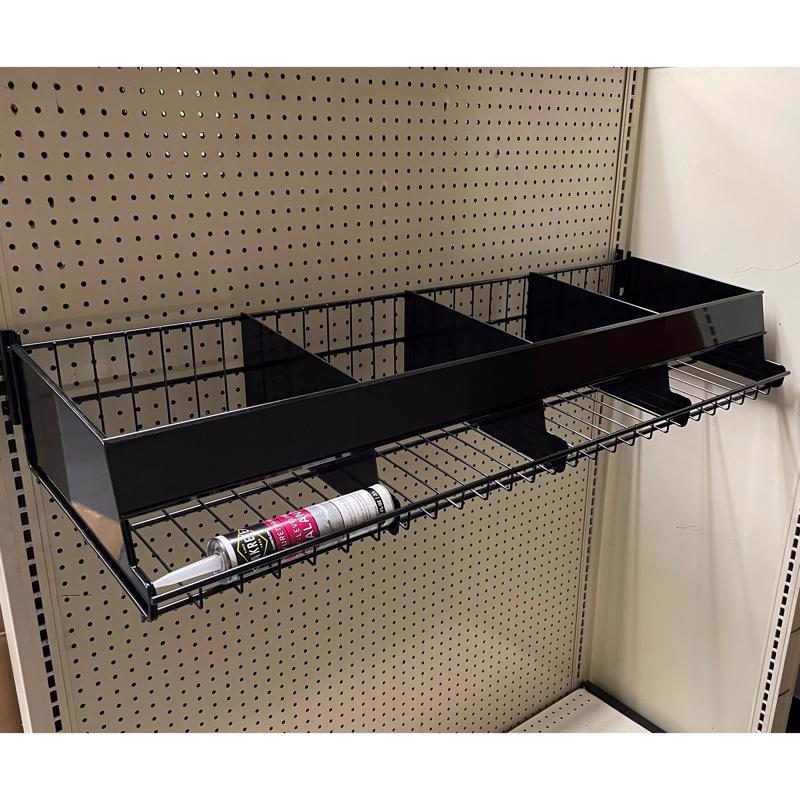 9 in. H X 16 in. W X 48 in. D Black Metal Caulk Bin Shelf Display