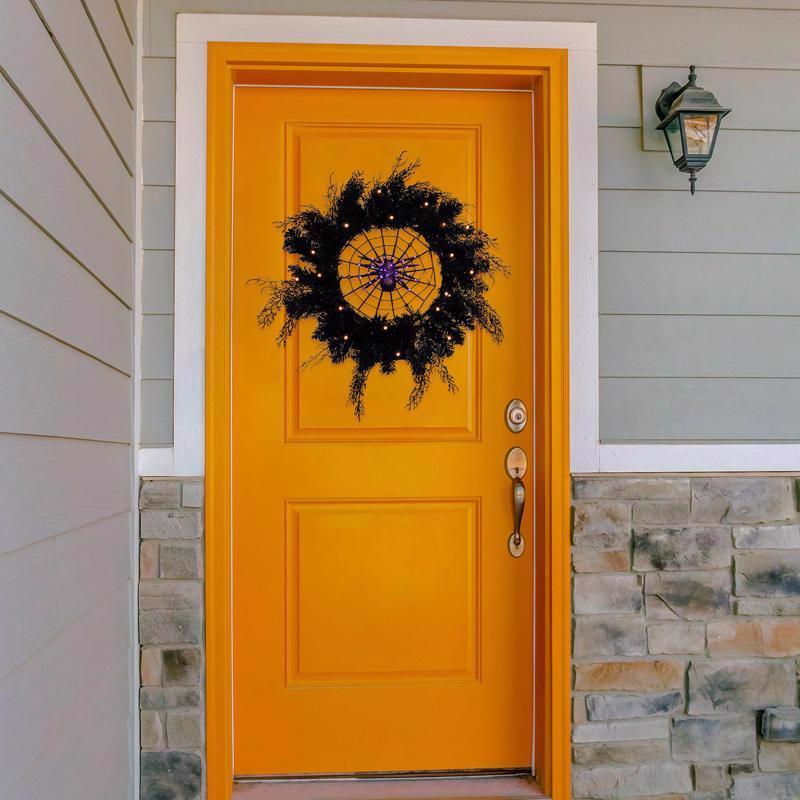 Celebrations Orange/Purple 65 ct 24 in. LED Prelit Black Spider Wreath