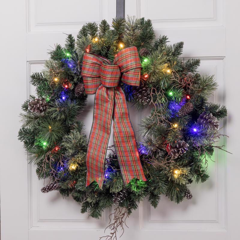 Celebrations 30 in. D LED Prelit Multicolored Twig Pine Bow Wreath