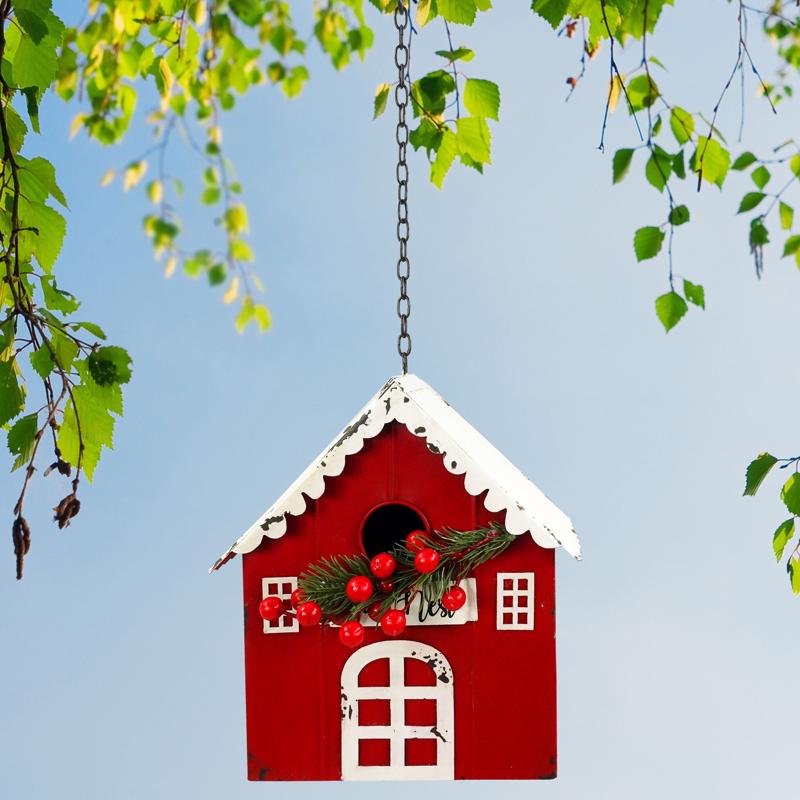 Alpine Hanging Red Barn Birdhouse 22in in. Hanging Decor