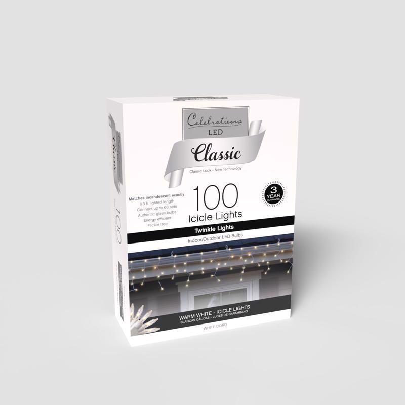 Celebrations Classic LED T5 Warm White 100 ct Icicle Christmas Lights 6 ft.