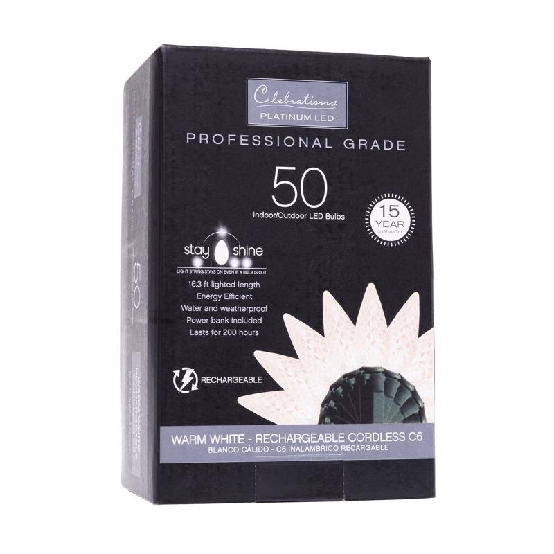 Celebrations Platinum LED C6 Warm White 50 ct String Smart-Enabled Christmas Lights 16.3 ft.