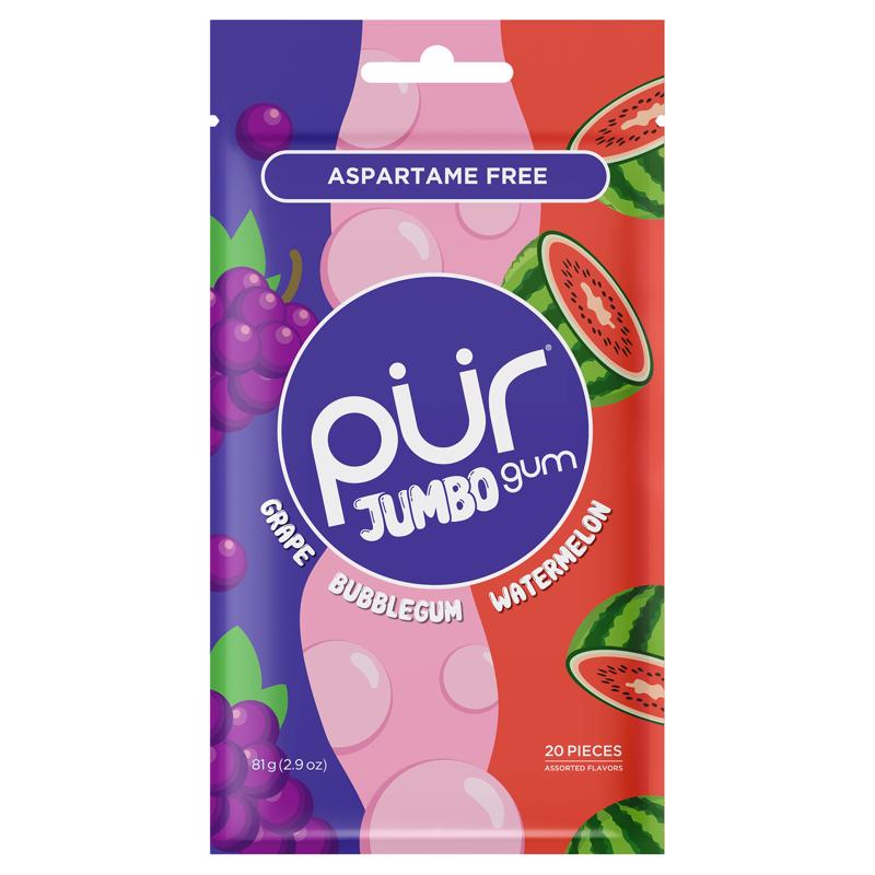 PUR Jumbo Sugar Free Grape/Bubblegum/Watermelon Chewing Gum 2.9 oz