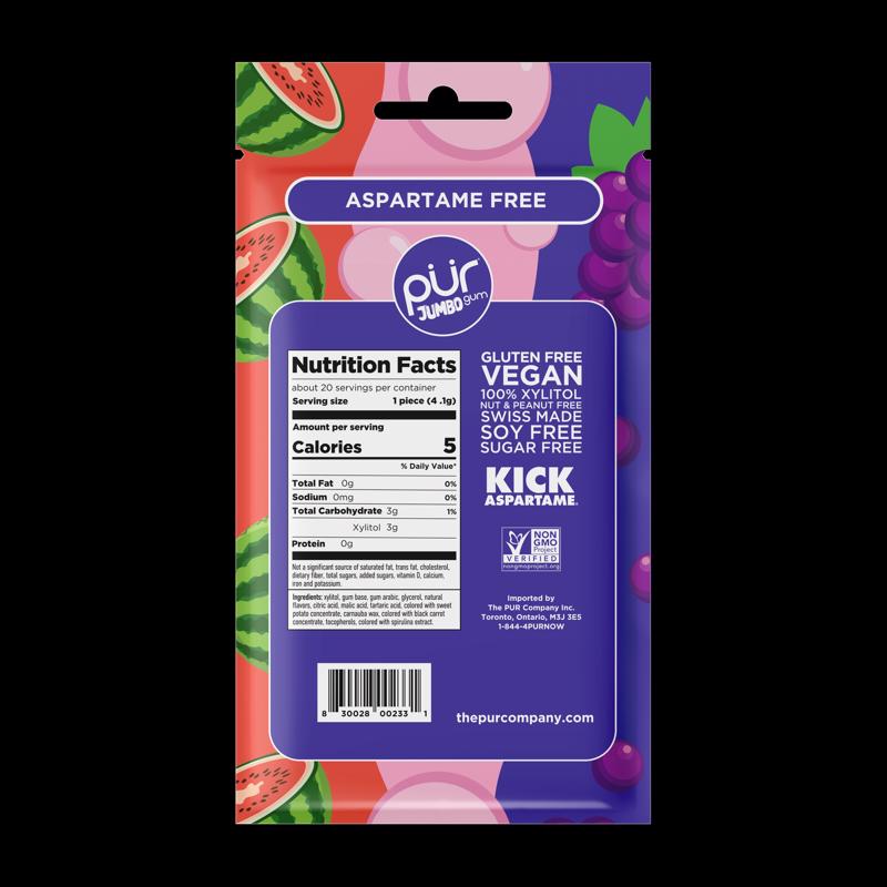 PUR Jumbo Sugar Free Grape/Bubblegum/Watermelon Chewing Gum 2.9 oz