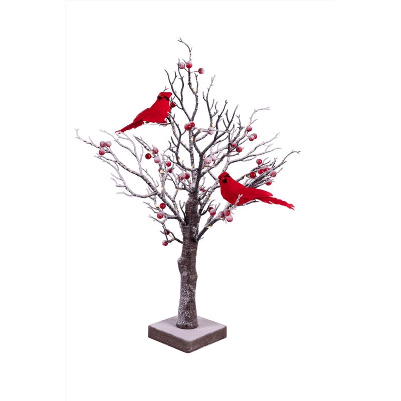 Celebrations Snow covered Tree w Cardinal Table Decor 20 in.