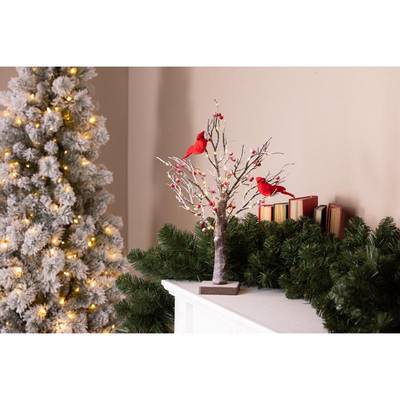 Celebrations Snow covered Tree w Cardinal Table Decor 20 in.