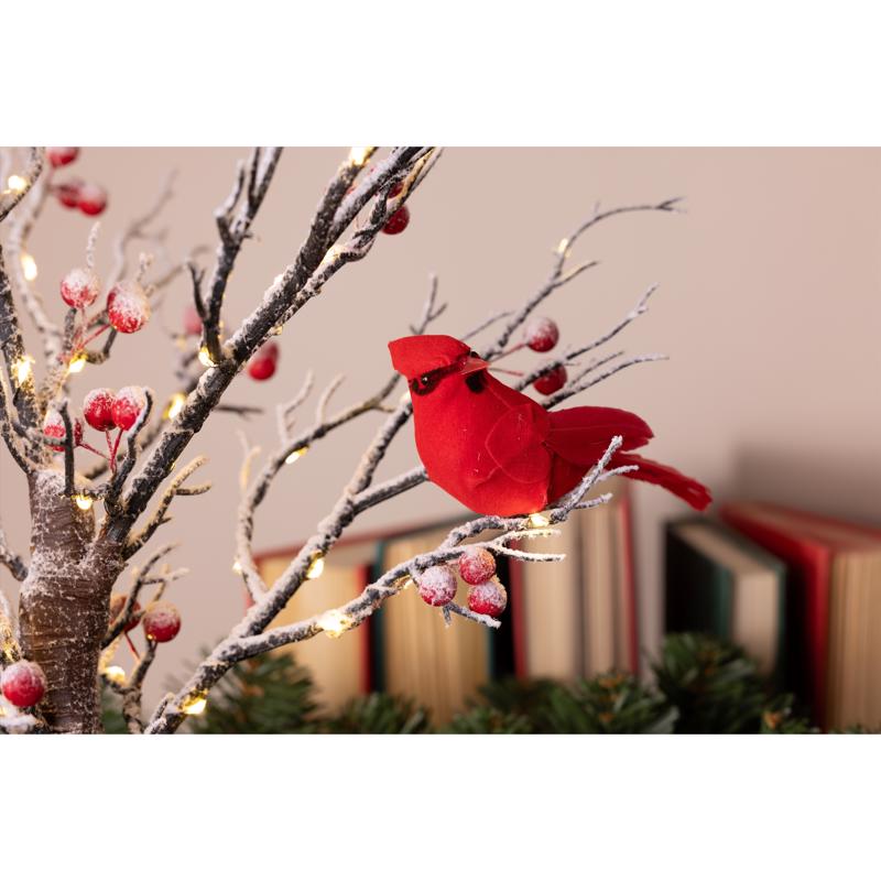 Celebrations Snow covered Tree w Cardinal Table Decor 20 in.